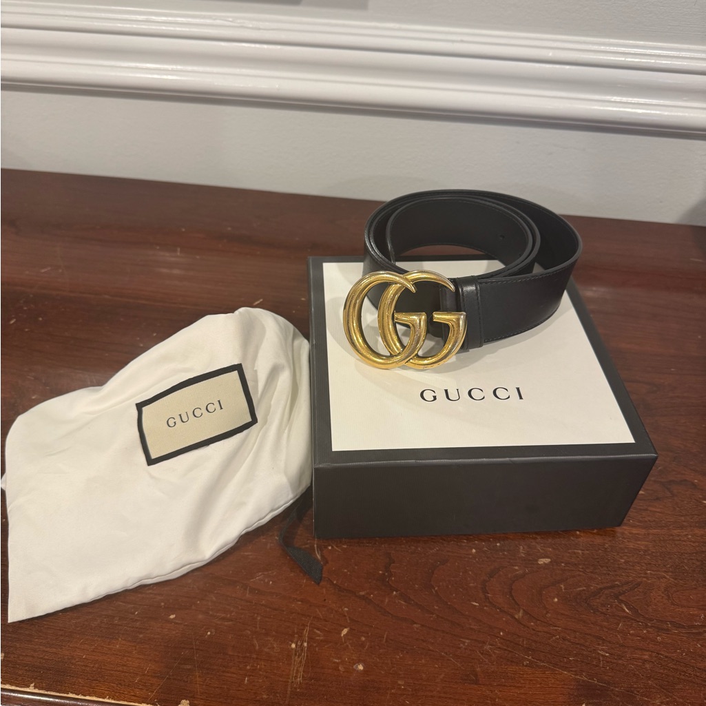 Authentic Wide Leather Belt Double Gg Buckle In Amazing Condition! W/Box